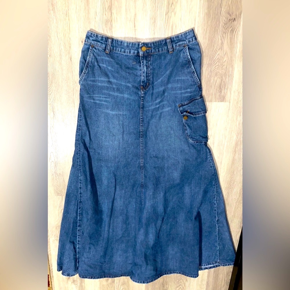 Y2K Ralph Lauren Black Lable Blue Jean Maxi Flare Tie Back Skirt sz 6 vintage
